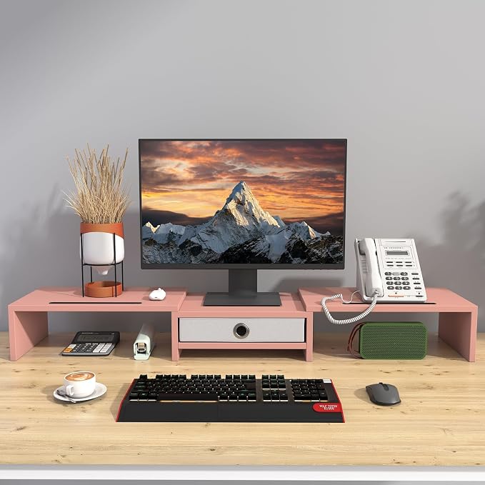 WESTREE Dual 3 Shelf Computer Riser with Drawer, Adjustable Length and Angle, Desktop 2 Monitor Stand Storage Organizer - Image 4
