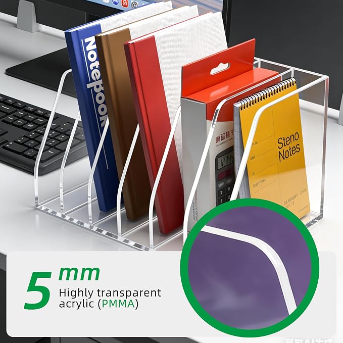 Clear Acrylic Magazine File Holder, 6 Compartment Desk Organizer | 6 spacious vertical compartments hold magazines, files, books & more. 5mm thick clear acrylic, non-slip base. No assembly. - Image 5