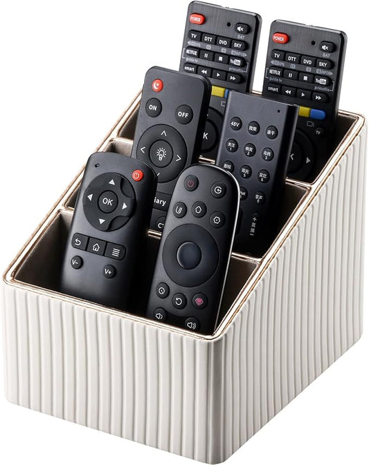 KINGFOM Remote Control Holder with 3 Compartments, Pu Leather Remote Caddy Desktop Organizer for TV, CD, Blu-Ray, Media Player, Heater Controllers and Cosmetics Office Supplies Light Beige