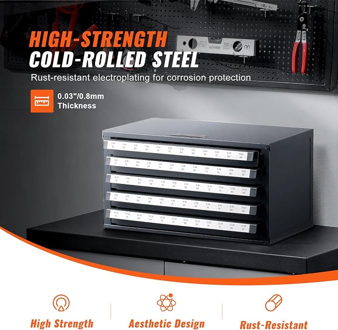 VEVOR Five-Drawer 2-56-#12-28 Steel Dispenser Organizer Labels, 60-Compartment Stackable Cabinet for Tap Storage, Gray with Orange Texture - Image 5