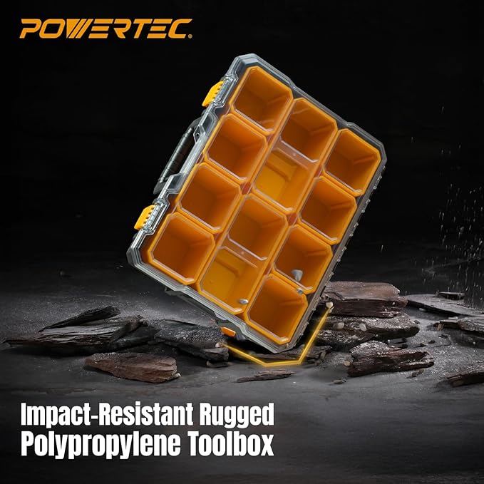 POWERTEC Small Parts Organizer & Tool Box – 10 Compartments, IP65 Water & Dust Protection, Stackable Storage with Interlocking Latch, Removable Tray, Clear Lid, Portable Design (72365) - Image 7