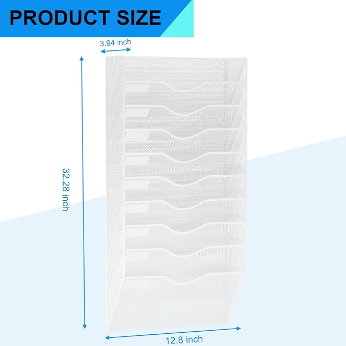 10 Pockets Hanging Wall File Organizer Mail Holder, Wall Mounted Paper Document Folder Holder, Clipboard Storage Organization Magazine Rack, White - Image 3