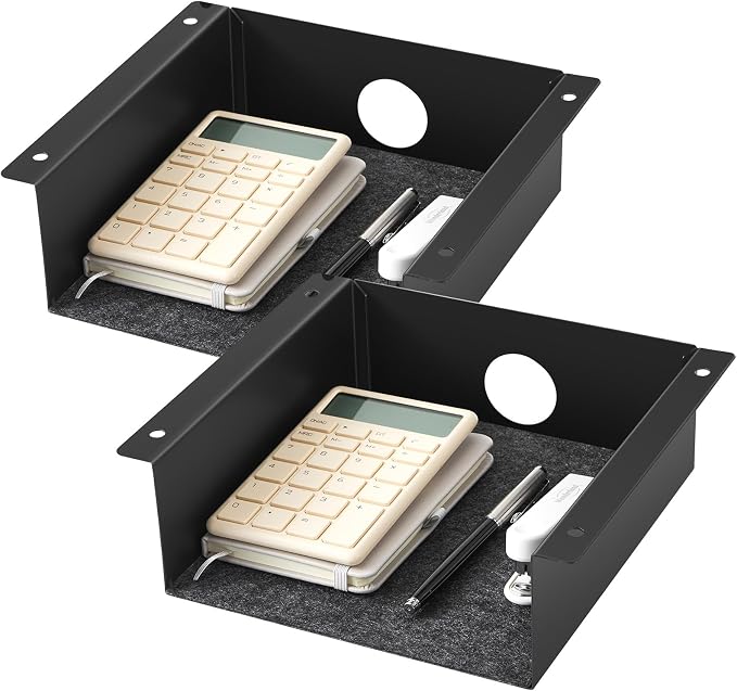 Yaocom 2 Pack Under Desk Hanging Shelf, Carbon Steel Storage Tray with Mute Felt Sheets, Mount Shelves Organizer for Office Home Workstation Gaming Desk Stand up(7.5x8x2.8 in/Storage Shelf,Black) by Yaocom