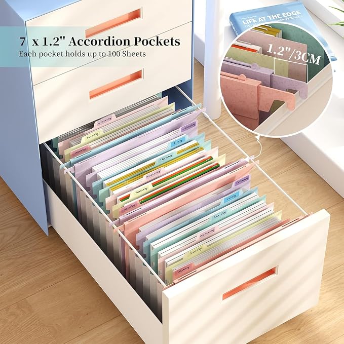 Expanding Hanging File Folders for Filing Cabinet, 7 Accordion Pockets Filing Cabinet Organizer, 1.2'' Expandable, Multi-Color Tabs, Letter Size, 50% Wheat Straw, 3 Pack (Pastel Blue) - Image 3