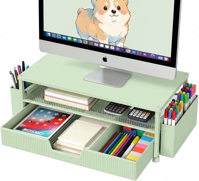 ECOLOVI Desk Organizer and Accessories, 2-Tier Computer Monitor Stand Rise with Storage Drawer & 2 Pen Holders, Laptop & Printer Stand for Desktop, Workspace Organizers for Office Supplies (Green) by ECOLOVI