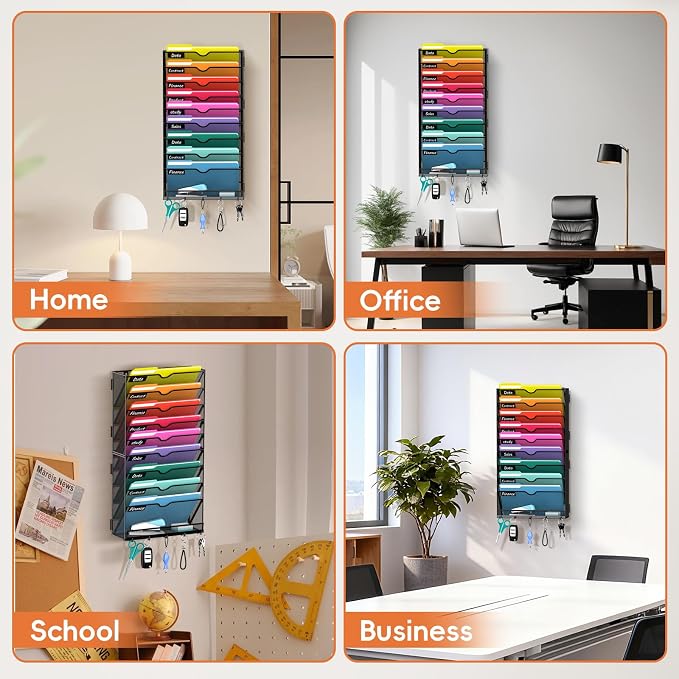 10-Tier Wall File Organizer with Hook, Hanging File Organizer Black | Wall-mounted mail storage holds papers, folders, files, clipboards and magazines, assembly required for office or home use. - Image 5