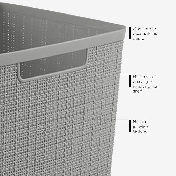Curver Set of 6 Medium 12L Jute Decorative Plastic Organization and Storage Baskets - Perfect Bins for Home Office, Closet Shelves, Kitchen Pantry and All Bedroom Essentials, Grey - Image 4