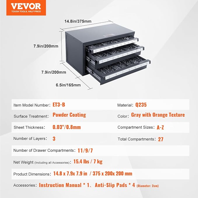 VEVOR Drill Bit Dispenser Cabinet, Three-Drawer Drill Bit Dispenser, Drill Bit Organizer Cabinet Cold Rolled Steel, 27-Compartment Drill Dispenser Organizer Cabinet Holder for Letter Sizes A to Z - Image 3