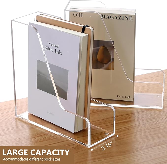SANRUI 2 Pack Acrylic Magazine File Holder, Clear Vertical Desk Organizer | File Sorter Folder Organizer Document Rack for Office Desktop, Home Workspace, 8.66inx8.46inx3.15in - Image 4