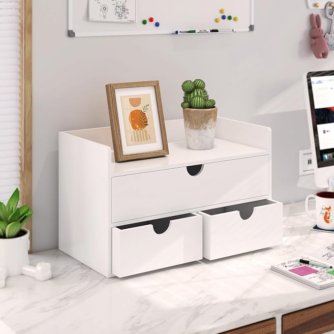 Bamboo Desk Organizer with Drawers Desktop Storage Drawers for Bills Office Supplies Kitchen Utensils Organizing Tool for Home Classroom Organization No Assembly (White with Shelf) - Image 2