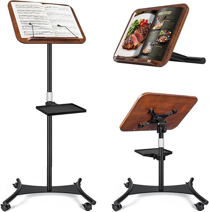 2 in 1 Dual-use Music Stand & Desktop Book Stand, Adjustable Height 16.5"-51", 100% Solid Wood Laptop Floor Stand Book Holder with Elastic Page Clips for Cookbooks (Black Walnut with Tray and Wheels) by Unknown