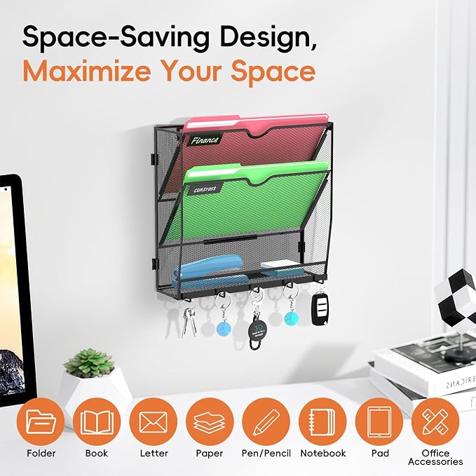 3-Tier Wall File Organizer with Hook, Hanging File Organizer Black | Wall-mounted mail storage holds papers, folders, files, clipboards and magazines, assembly required for office or home use. - Image 4