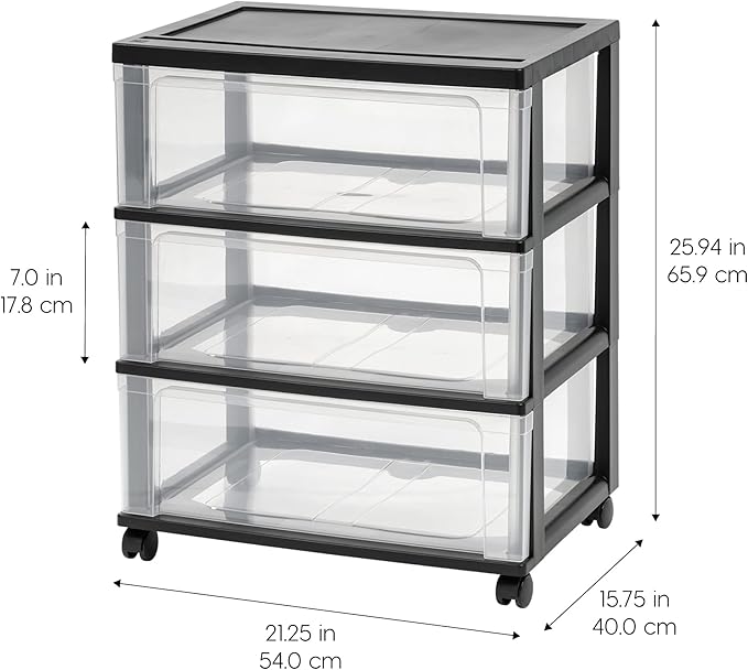 IRIS USA 3-Drawer Wide Storage Cart with Wheels, Organizer, Black | Store clothing, towels, office supplies, craft materials and household essentials with organized storage around your home - Image 3