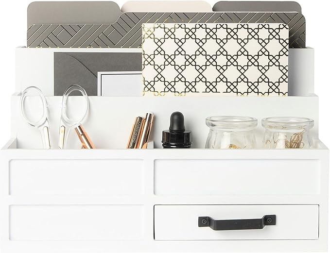 BLU MONACO | White Desktop Organizer with Drawer Storage | Tabletop Organizer with Drawers for Paper Bills Mail | Wooden Mail Organizer for Countertop Workspace by Blu_Monaco