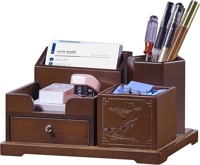 Bamboo Desk Organizer with Drawer, Wood Pen Holder & Card Slot, Brown | Desktop Storage Caddy, Office & Home | Natural Solid Bamboo, No Assembly, Non-Slip Base | Multi-Compartment, Ready to Use - Image 2