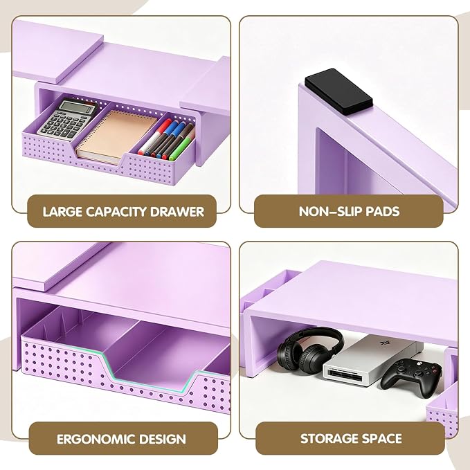 LEKETREE Dual Monitor Stand Riser with Drawer, Desk Organizer and Accessories, Monitor Stand for Desk, Desktop Stand for Computer, Laptop, TV and More (Purple) - Image 6