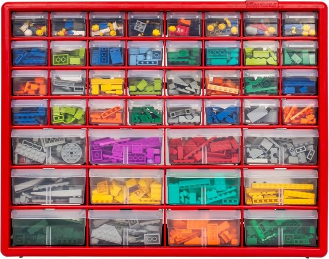 Akro-Mils 44-Drawer Plastic Storage Cabinet, 20" W x 6" D x 16" H, Red | Plastic Cabinet w/ Drawers for Garage Organization, Beads, Building Bricks Storage, Teacher Toolbox, Makeup Organizer, 10144 - Image 11
