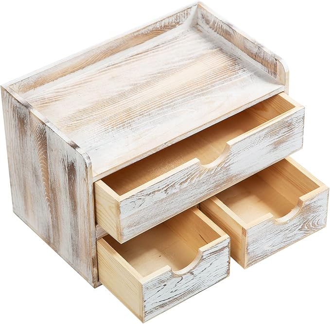 Rustic Distressed white 3-Tier Wood Desk Organizer with 3 Drawers Mini Storage Shelf For Desk, Toiletries Vanity Office Supplies (Vintage white) - Image 4