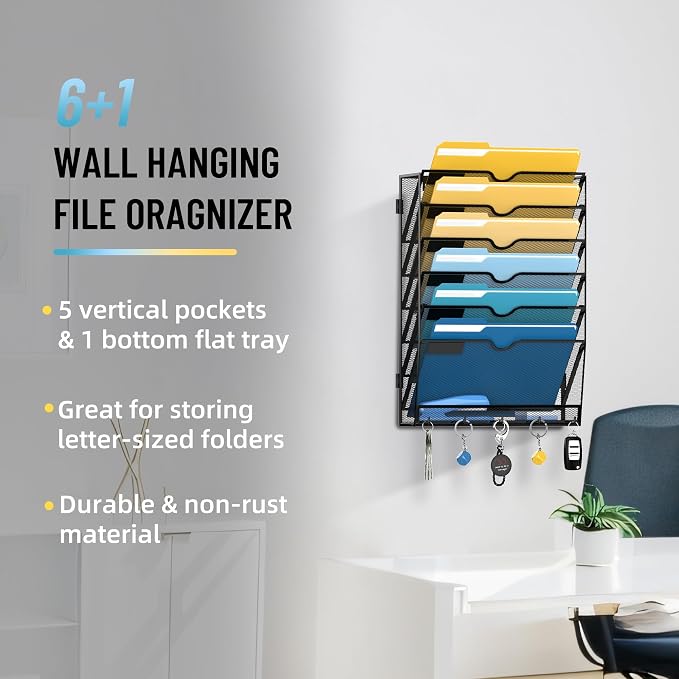 7-Tier Hanging Wall File Organizer with Hooks for Office Organization | Mesh Wall File Holder, Mail Organizer Wall Mounted for Papers, Documents, Folders and Magazines in Home Office, Classroom - Image 2