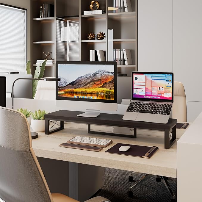 IBUYKE Large Dual Monitor Stand Riser for 2 Monitors, Wooden Desktop Computer Monitor Stand Storage Shelf and Steel Legs,Dual Screen Office Desk,Monitor Riser for Computer, Printer,Laptop,TV,Black UTDJ002B - Image 5