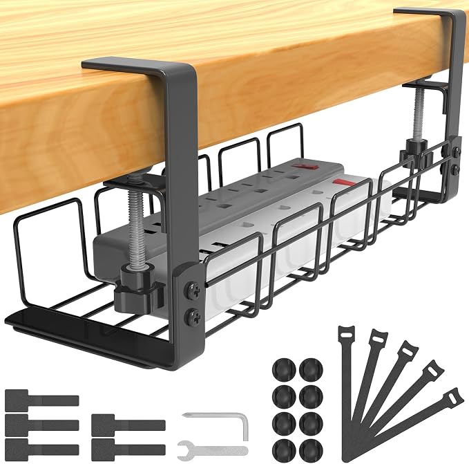 Cable Management Under Desk Tray No Drill, Table Cable Basket for Power Strips and Cables, No Screws Tidy Wire Organizer Clamp for Home, Office, Kitchen and Standing Desks, Black by SURFOU