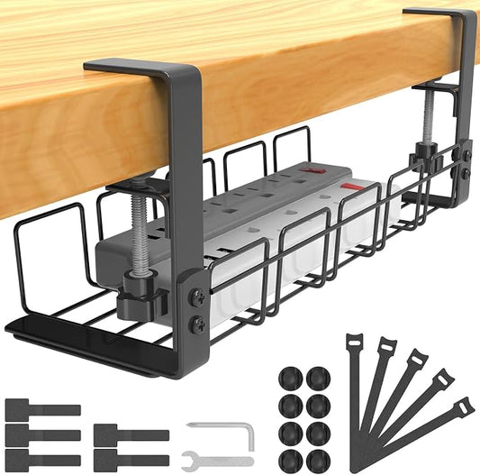 Cable Management Under Desk Tray No Drill, Table Cable Basket for Power Strips and Cables, No Screws Tidy Wire Organizer Clamp for Home, Office, Kitchen and Standing Desks, Black by SURFOU