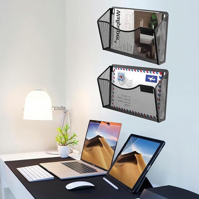 Gawerk Mesh Hanging Wall File Holders, Metal Vertical Wall Basket Mail Organizer for Office/Home (Black, 2 Pack Wall Mounted) - Image 4