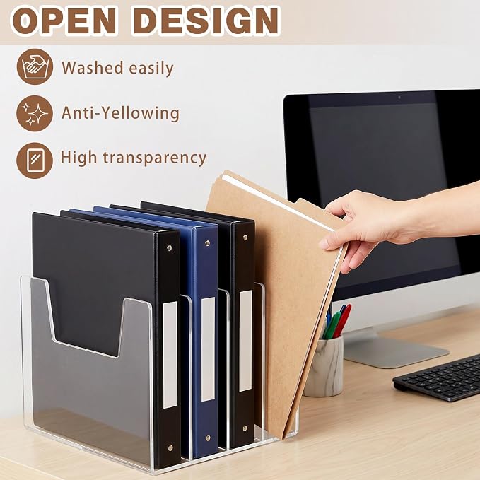 4 Section Clear Acrylic Desktop File Organizer Vertical File Sorter 4mm Thick, Large Capacity Upright Magazine Organizer, Book Paper, Notebooks, Envelopes, Mail Holder - Image 3