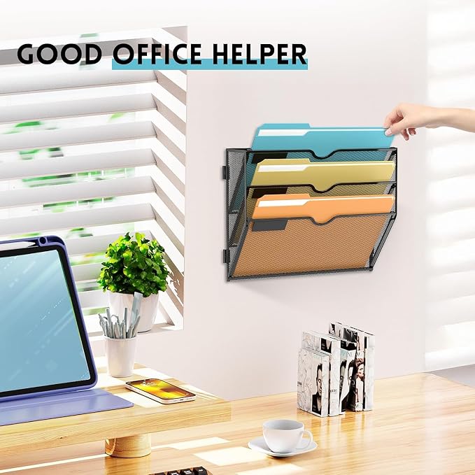 3 Tier Wall File Organizer, Hanging Wall Mounted Mail Organizer with Label Slots, Metal Mesh File Holder Magazine Rack for Office, Home, School or Classroom, Black - Image 5