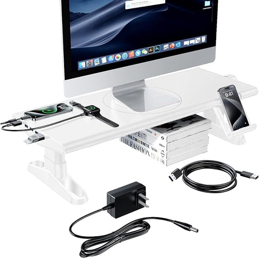 Computer Monitor Stand Riser for Desk with Usb Hub Charging,30W/5Gbps Usb C Docking Station with Power,4.4-5.7'' Height Adjustable with Phone Holder,Monitor Stands Riser for PC,Laptop,Printer(White) by Unknown
