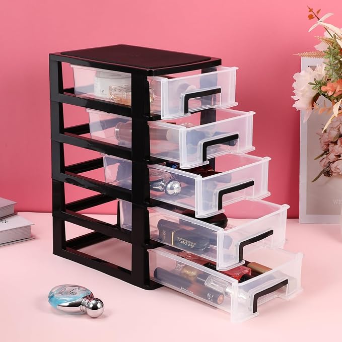 Angoily 5-Tier Plastic Drawer Storage Cabinet Portable Desktop Organizer for Office Study Cosmetics Sundries Holder 12.40X8.66X5.98In - Image 2