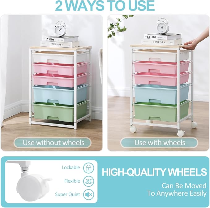 SYKIARIOL Utility Cart with 5 Drawers with Wooden Top, Rainbow | 5-Tiers Storage Cart with Drawers with Lockable Wheels for Craft Organizers and Storage,Home Office,Classroom,Dorm ,Playroom - Image 6