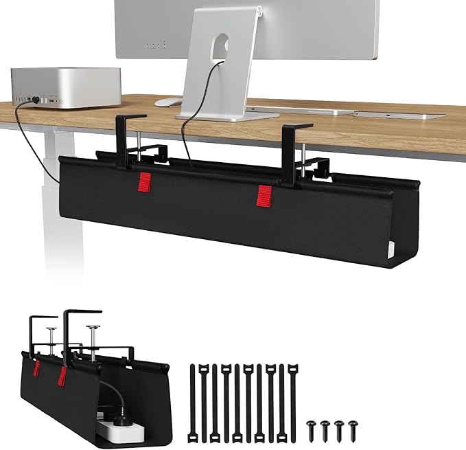 Univivi No Drill Under Desk Cable Management Tray, 28 inch Cable Management | Clamp/Screw Mount Cable Tray under desk, Premium Fabric Cord 0rganizer for Desk, Various Size Cord Organizer for Office, Home by Univivi