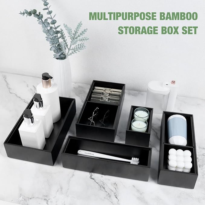 Bamboo Drawer Organizer,5 PCS Black Silverware Tray&Desk Organizers and Storage,Cabinet Divider With Removable Bathroom Organization for Kitchen,Utensils,Junk,Office,Makeup - Image 6