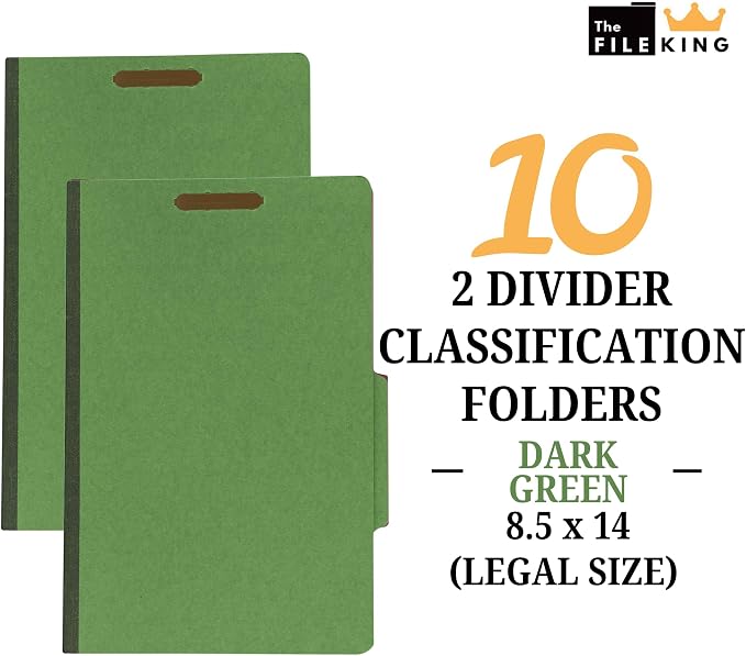 The File King Pressboard Classification Dark Green Partition File Folder | Legal Size - Box of 10 | Two Dividers | Six 2” Durable Fastener Prongs | 2/5 Cut Top Tab | 2” Expansion - Image 2