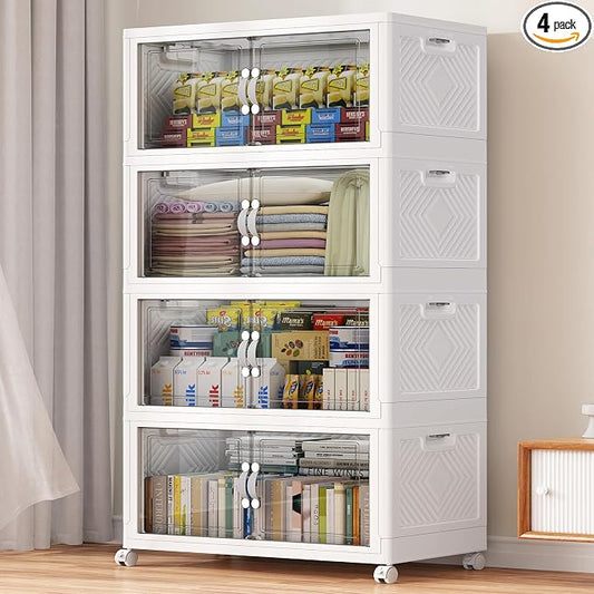 BROVIEW 400QT Large Stackable Storage Bins with Clear Doors, V20 4Pack | 100Gal Plastic Closet Organizer Cabinet with Lid and Wheels, Collapsible Latch Box Folding Drawer for Home, White by BROVIEW-EnjoytheArtofLife