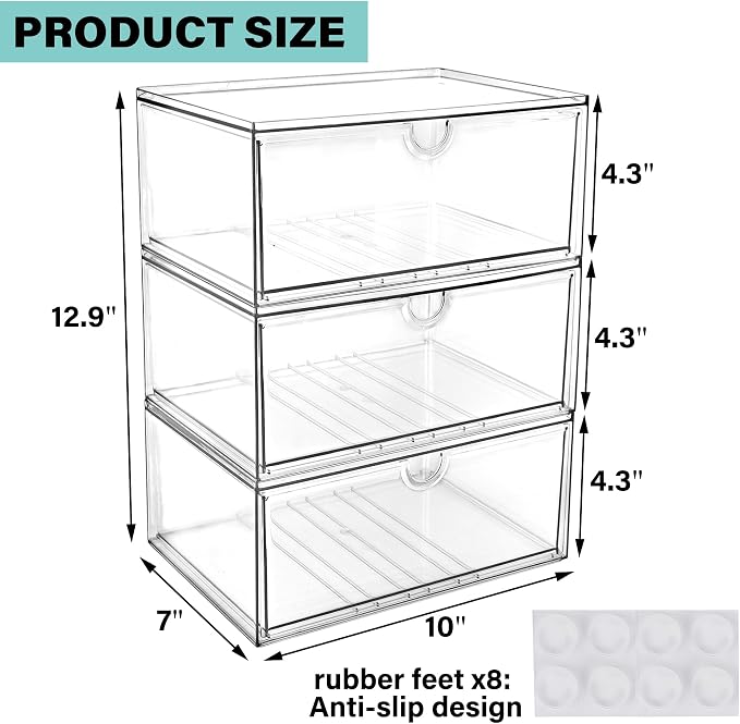 Prsildan Acrylic Makeup Organizer, 3 Pack Stackable Clear Storage Drawers for Baby Bottles Desk Organizers with 3 Drawers for Countertop Vanity Nursery Modular System for Cosmetics Jewelry - Image 3