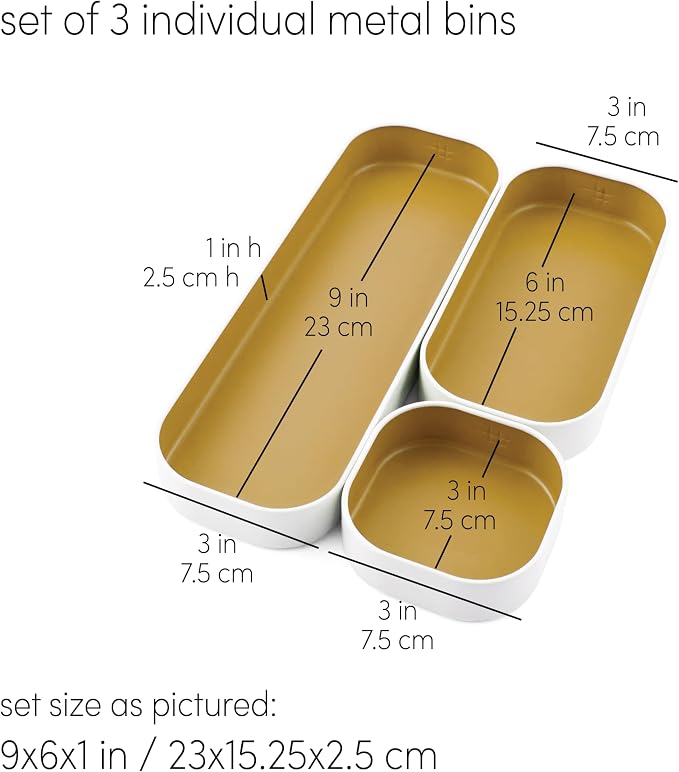 Three by Three Seattle 3 Piece Shallow Metal Organizer Tray Set for Storing Makeup, Stationery, Utensils, and More in Office Desk, Kitchen and Bathroom Drawers (1 Inch, Gold and White) - Image 2