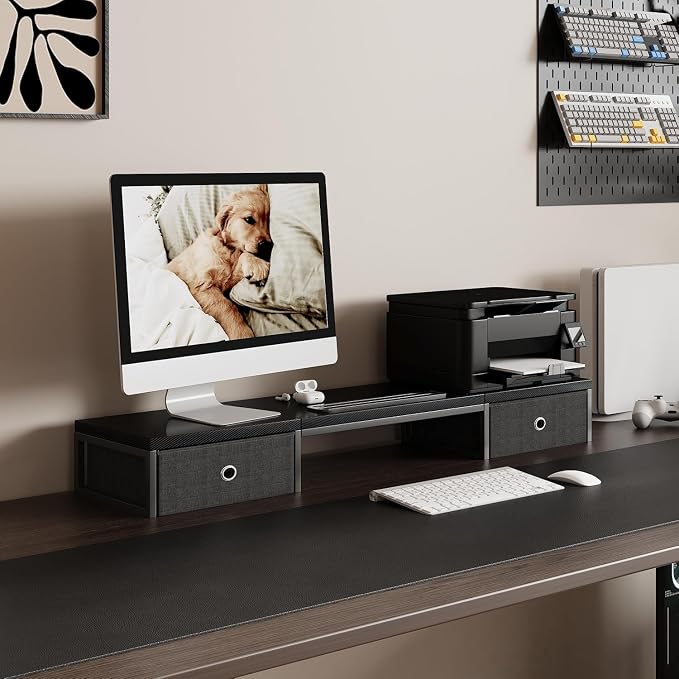 Mexin 39" Dual Monitor Stand Riser with 2 Storage Drawers, Carbon Fiber Computer Desk Organizer for 2 Monitors, Heavy Duty 100 Lbs Desktop Stand with Phone Tablet Holder for Home Office, Black - Image 7