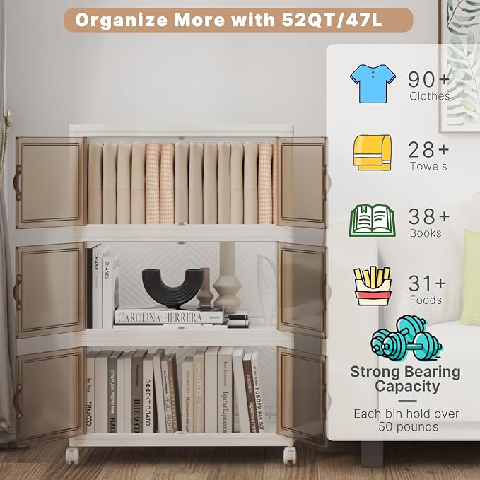 156QT Stackable Storage Bins with Lids,Doors & Wheels | Closet Organizers and Storage Cabinet, Lockable Plastic Foldable Drawers for Bedroom Dorm Office Garage（52QT*3,White） - Image 3