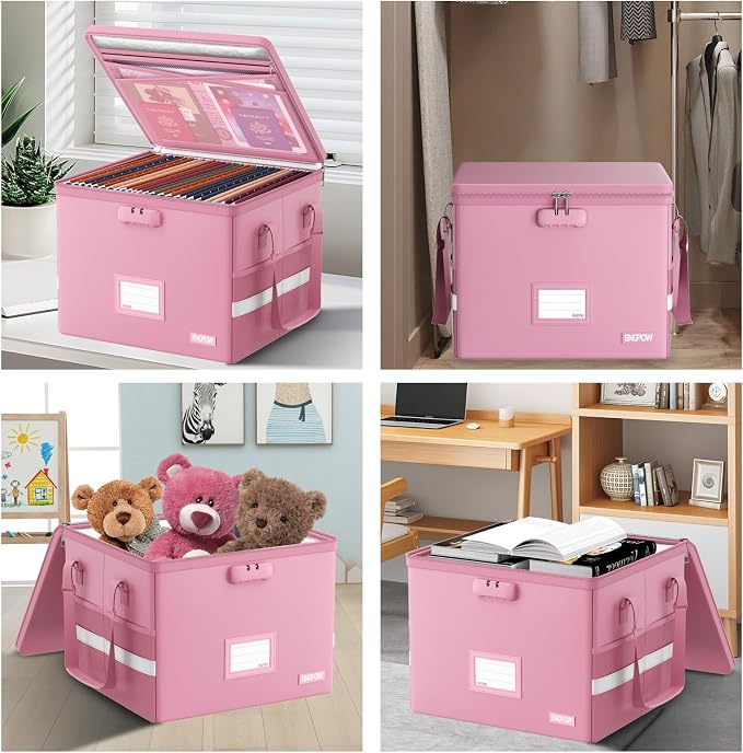 ENGPOW 5200°F File Box Fireproof Document Box with Lock,Heat Insulated Collapsible File Storage Organizer Box with Handle,Portable Home Office File Cabinet for Hanging Letter/Legal Size Folder, Pink - Image 7