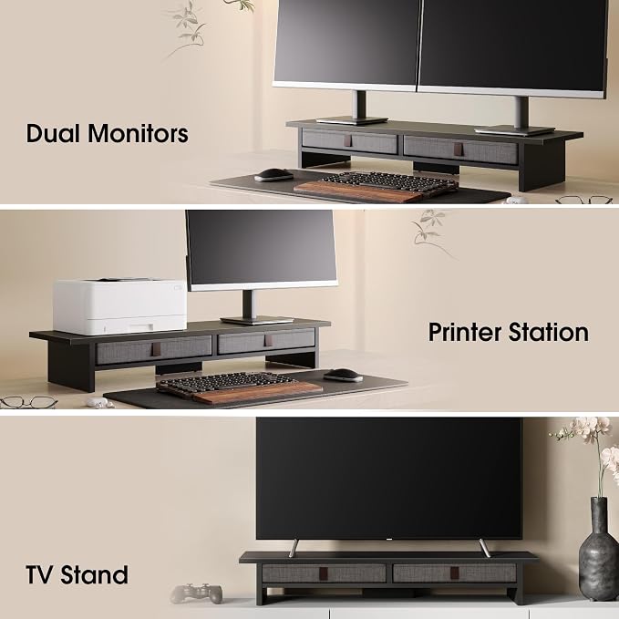 Fenge 35 Inch Monitor Stand with Drawer Storage, Computer Riser for Desk | Wooden Computer Shelf, 2 Tiers, for Dual Monitor/Laptop/PC/TV/Printer up to 55Lbs, Home Office Desk Organizer - Image 6