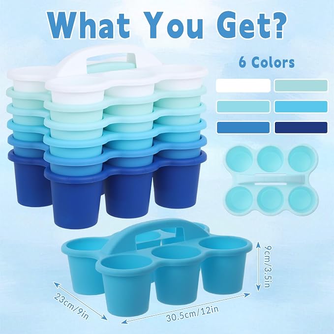 6 Pack Classroom Caddy Organizer with Handle Gradient Blue Plastic Table Caddy Drink Cup Caddies Holder 12x9x3.5 Inches Storage School Supplies 6 Compartments for Table Crayon Pencil Cup Marker Craft - Image 2
