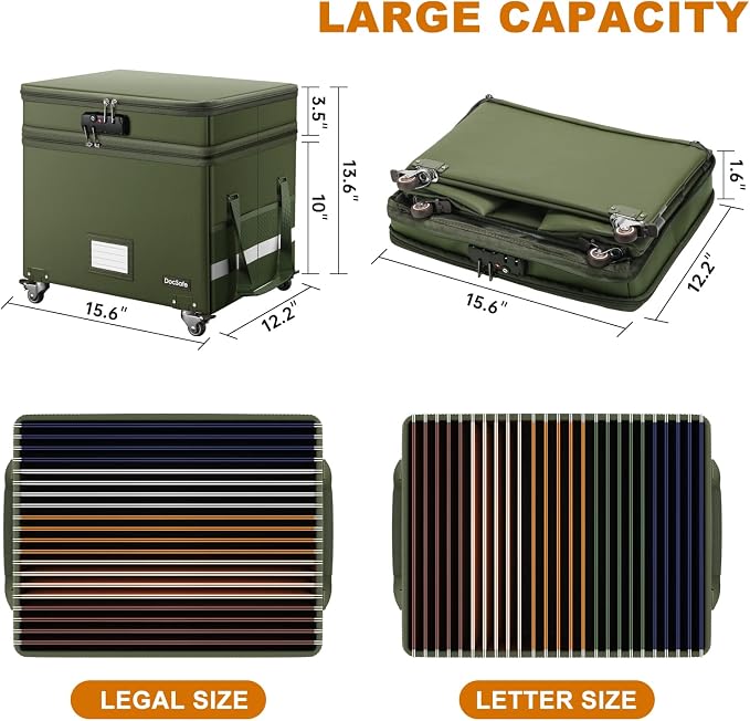 DocSafe File Box with Lock,2-Layer Fireproof Document Box with Wheels,Collapsible Rolling File Storage Organizer with Pockets,Large Portable Home Office Filing Cabinet Safe for Hanging Folders,Green - Image 6