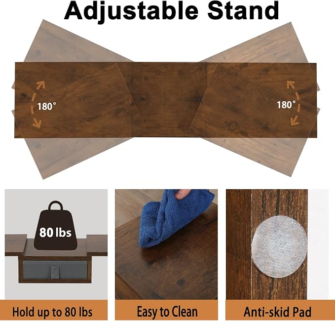 TEAMIX 3 Shelf Monitor Stand Riser With Drawer - Length and Angle Adjustable Dual Riser With Storage Corner Desk Shelf Organizer Large Computer Stand for 2 Monitors/Laptop (Brown, 1 Drawer) - Image 3