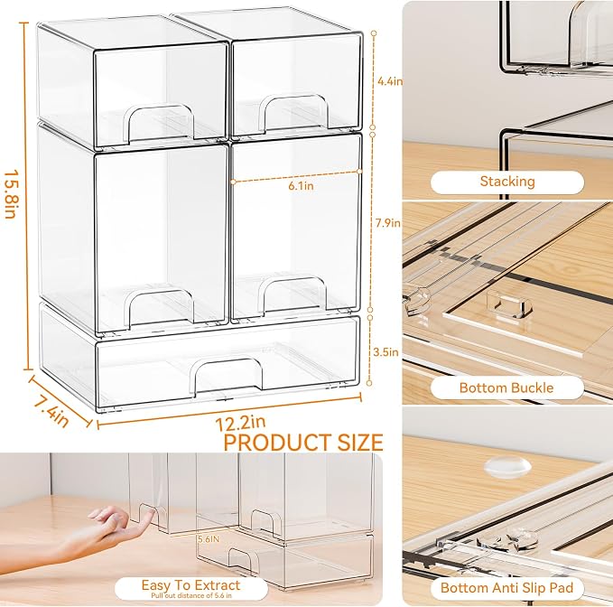 5 Set Clear Stackable Storage Drawers and Acrylic Drawer Organizer,BPA Free Baby Bottle Organizer for Countertop and Bottle Station Organizer for Breast Pump Parts,Pacifier and Baby Accessories - Image 3