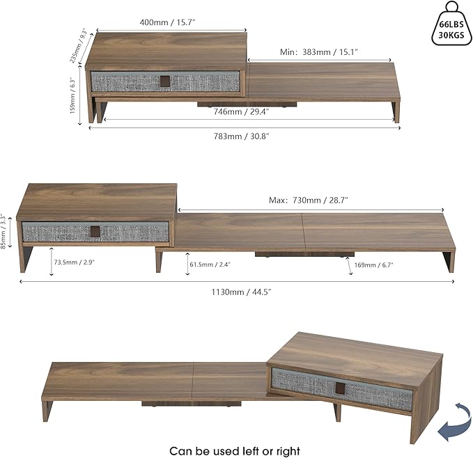 Fenge Triple Monitor Stand with Srorage Drawer, Adjustable Length and Angle | Computer Monitor Riser for 2 or 3 Monitors, Wooden Desktop Laptop Stand, Office Organizer for PC, Screen, Tablet, Brown - Image 5