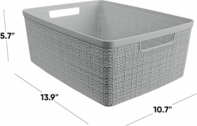 Curver Set of 6 Medium 12L Jute Decorative Plastic Organization and Storage Baskets - Perfect Bins for Home Office, Closet Shelves, Kitchen Pantry and All Bedroom Essentials, Grey - Image 2