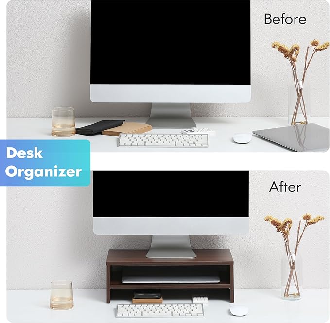 FITUEYES Wooden Monitor Stand Riser, 2-Tier Desk Storage Shelf, Brown | 16.7-Inch Desktop Organizer Fits Laptop, Computer Screen and Office Supplies - Image 4