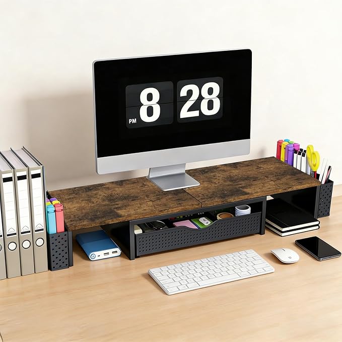 Spacrea Wood Dual Monitor Stand Riser with Drawer and 2 Pen Holders | Monitor Riser Desk Organizers and Accessories,Desk Accessories & Workspace Desktop Organizers for Office Supplies - Image 3
